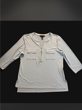 Ellen Tracy Pale Blue Knit Top with Pockets and gold zipper